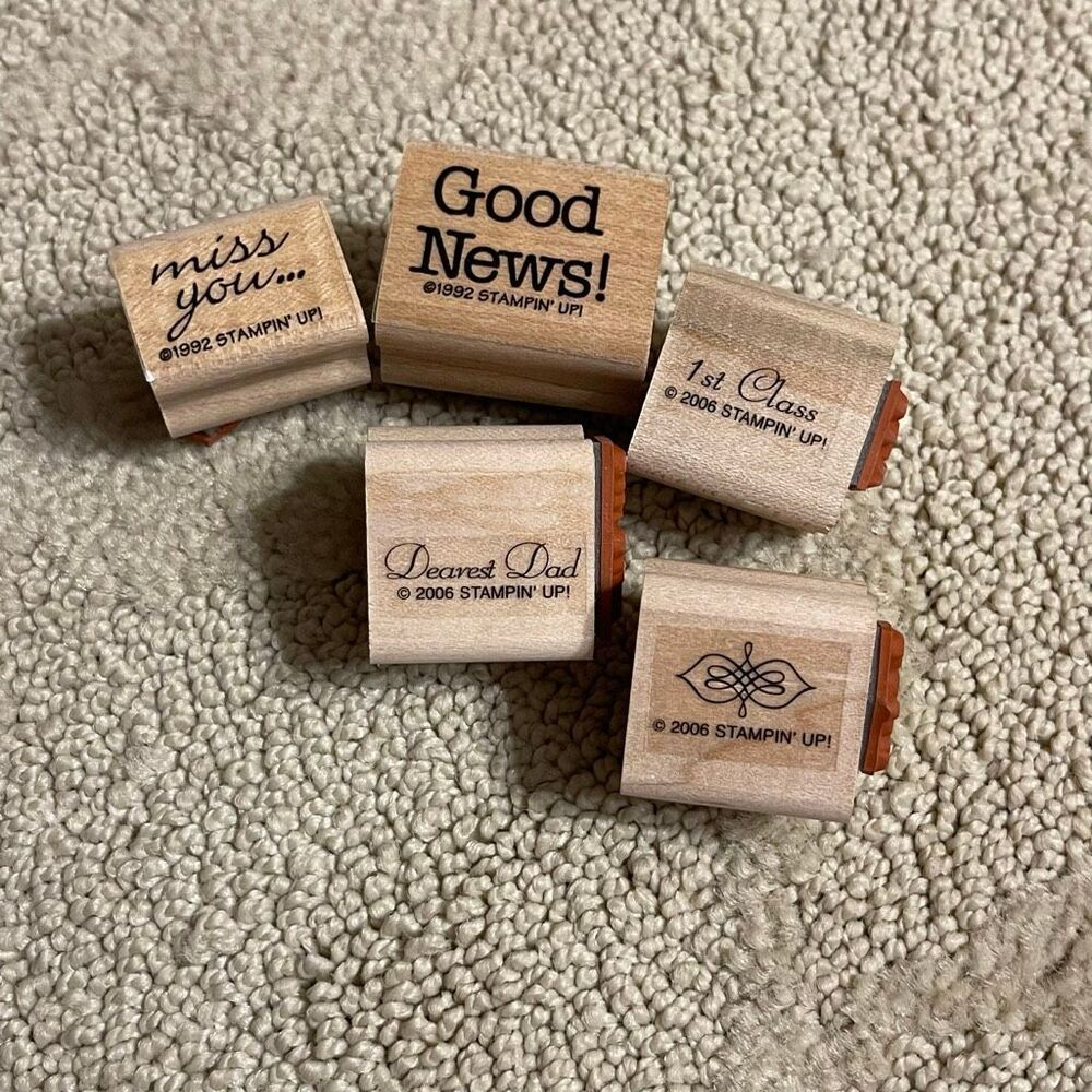 Stampin’ Up! Miss You, Good news, dearest dad, 1st class, geometric design Rubbe